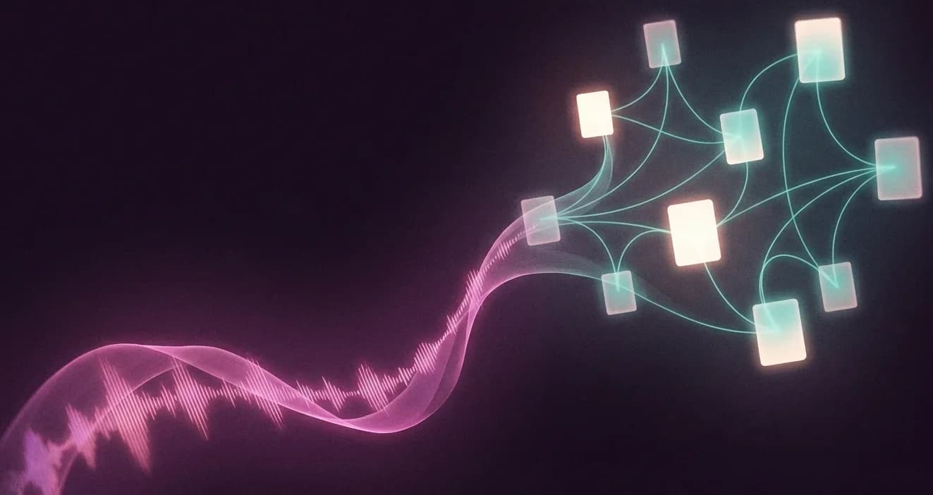 A pink voice waveform flowing into a constellation of teal card-nodes — visualizing how rambled thoughts become structured notes